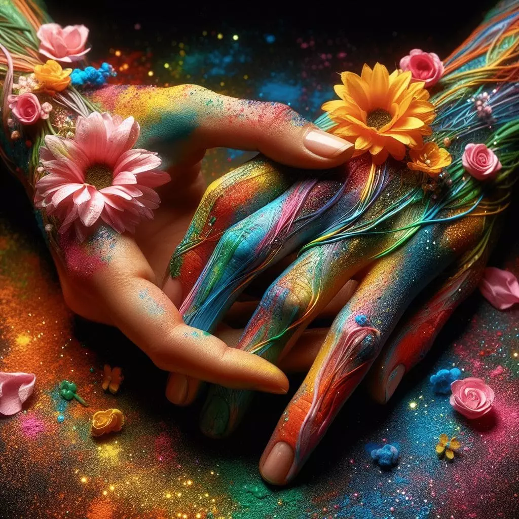 Mãos com tinta, glitter e flores por cima